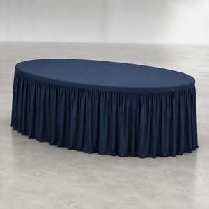 Wholesale Navy Blue Oval Fitted Spandex <b>Table</b> Cover with Gathered Skirt <b>for</b> Custom Logo Event Display and Trade Show Projects - Product Image 1