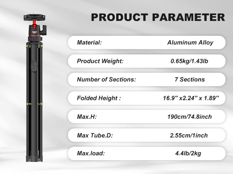 Trépied MT65-Phone/1.9m/Charge Max 2kgy/7 Sections/Alliage D'aluminium