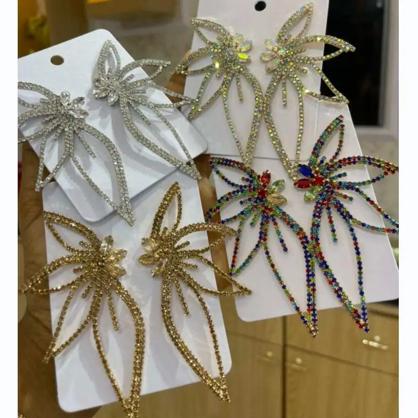 Kaimei 2022 Earring Fashion Jewelry 9 Colors Large Bridal Rhinestone Earrings Angel Wings Wedding Crystal Statement Earrings
