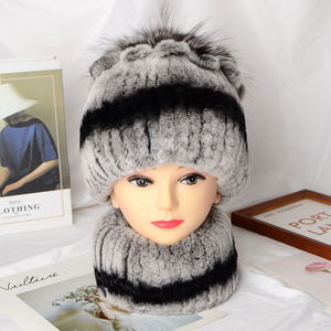 Écharpe <span class=keywords><strong>et</strong></span> chapeau en fourrure de lapin épais d'hiver pour femmes ensemble chaud chapeau dôme plat avant-toit avec écharpe assortie - Product Image 6