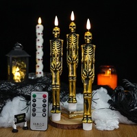 Trio de bougies LED coniques gothiques macabres, squelette de crânes empilés, pour une ambiance effrayante d'Halloween, d'autel occulte, bougie LED en paraffine