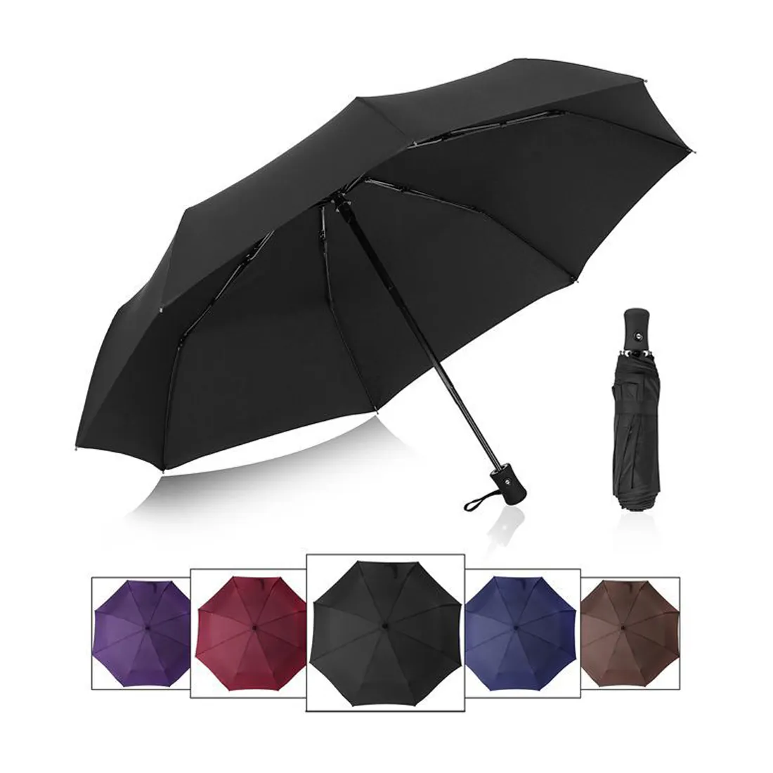 Paraguas plegable automático para exteriores, sombrilla pequeña de 23 pulgadas, color negro, con marca