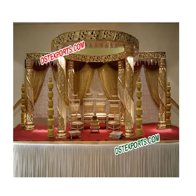 Latest Wedding Fiber Crystal Golden Mandap Traditional Wedding Crystal Mandap Golden Spiral Crystal Mandap for Marriage