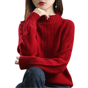 Suéter de Punto Trenzado para Mujer, Cuello Redondo, Manga Farol, Ajustado al Cuerpo, Color Sólido, Informal de Invierno, Transpirable - Product Image 1