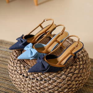 Sandali a punta in vera pelle da <span class=keywords><strong>donna</strong></span> nuovo stile con tacco in <span class=keywords><strong>denim</strong></span> tacchi alti <span class=keywords><strong>scarpe</strong></span> pump da <span class=keywords><strong>donna</strong></span> estive - Product Image 1