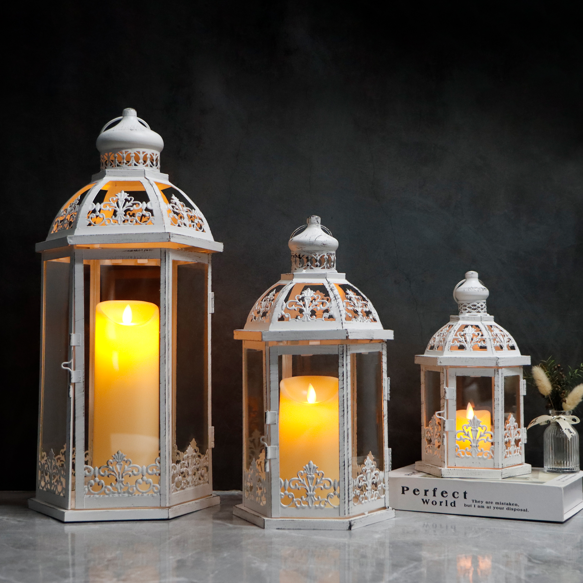 Set of 3 Vintage White Metal Moroccan Lantern Candle Holders