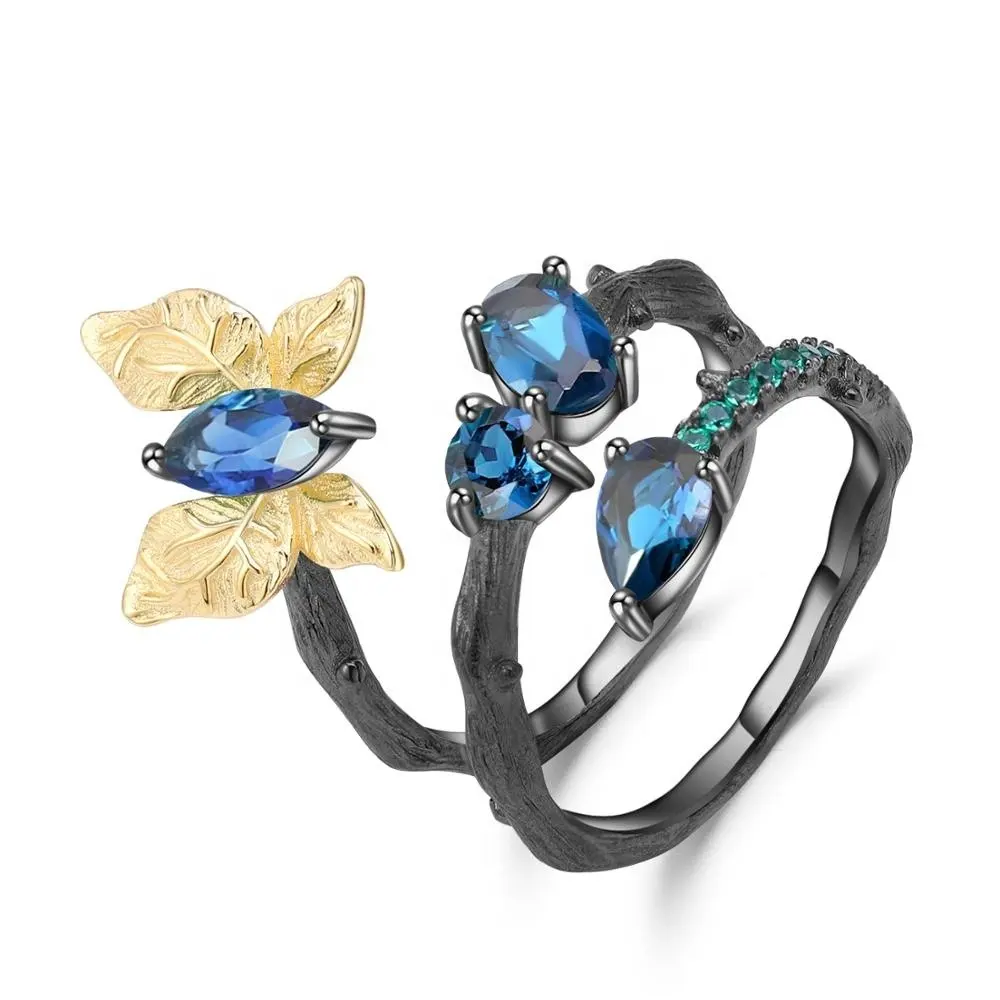 Handcrafted Jewelry Black Yellow Gold Plated London Blue Topaz Butterfly Ring for Women