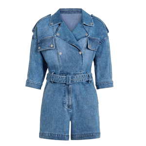 Mono vaquero de mezclilla de manga corta con cremallera para mujer OEM, elegante y casual, con cinturón, transpirable y ecológico para primavera - Product Image 1