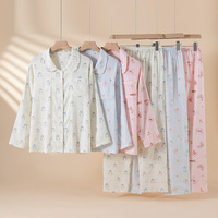 Pabrik OEM ODM Label Pribadi MOQ Rendah Set Piyama Wanita 100% Katun Lengan Panjang Motif Bunga Grosir