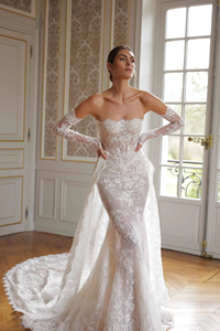 Vestido <span class=keywords><strong>de</strong></span> <span class=keywords><strong>Novia</strong></span> <span class=keywords><strong>de</strong></span> Encaje Francés Vintage Ruolai WTH361, Estilo <span class=keywords><strong>Sirena</strong></span>, Hombros Descubiertos, Sin Tirantes, con Cola Desmontable - Product Image 4