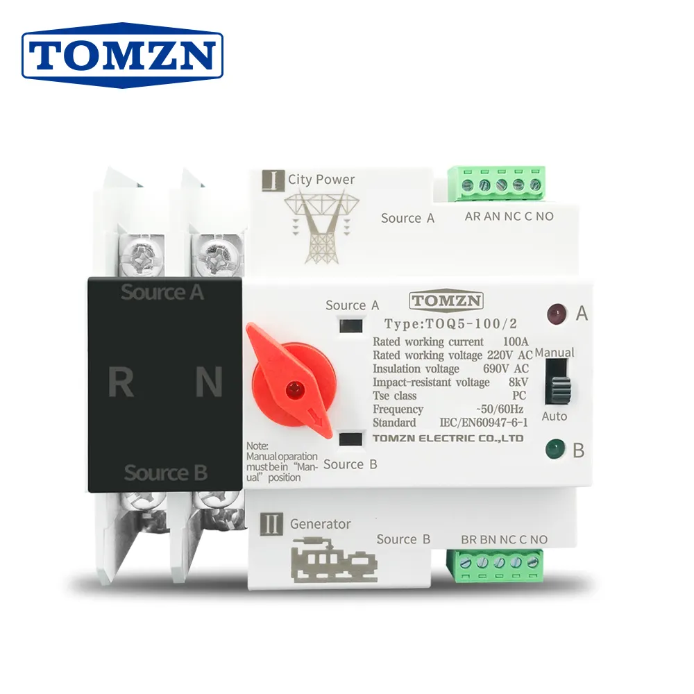 TOMZN Single Phase Din Rail ATS Dual Power Automatic Transfer Electrical Selector Switches Uninterrupted 2P 63A 100A 125A