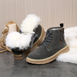 Bottes de neige pour femmes, gris bleu, talon moyen, doublure en laine chaude, bottes d'hiver pour l'extérieur, lacets avant, couleur unie, DABO1, style européen - Product Image 1