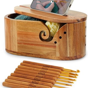 Oval yarn bowl, <b>crochet</b> yarn holder with 9 knitting <b>hooks</b>, yarn storage <b>crochet</b> bowl knitting <b>hook</b>. - Product Image 1