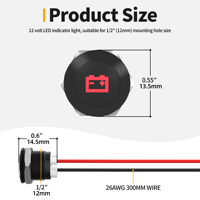 Petite lumière indicatrice LED 12V, étanche, découpe de panneau de 1/2 pouce, lumière indicatrice LED métallique pour tableau de bord avec fils de 300 mm