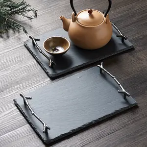Natuursteen Multi Functionele Rechthoek Black Slate Stone Dienblad Thee En Koffie Dienbladen Met Handvat