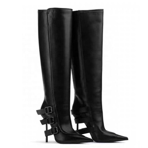 Big Size 44 Women's Back Metal Buckles <b>Long</b> Boots Slim High-Heeled Pointed Toe Knee High Booties Straight Upper on Shoes - Product Image 6