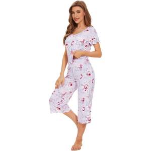 Ensemble de pyjama pour femmes personnalisé, haut à manches courtes, pantalon capri, viscose bambou, vêtements de nuit, tailles S-4X - Product Image 1