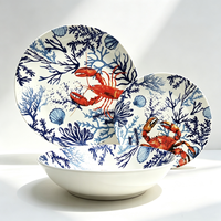 Service de table en céramique 12 pièces thème marin côtier : assiettes en porcelaine Homard, Crabe, Corail – Vaisselle de table vie marine pour la maison