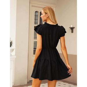 Vestido Mini de Verano Casual para Mujer, Cuello en V, Manga Corta, con Volantes, Cintura Elástica, Corte en A, Tejido Transpirable - Product Image 3