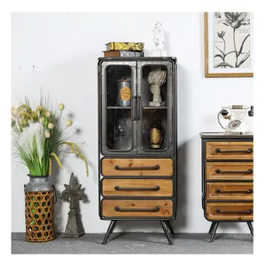 Vintage Kitchen Wood Metal Chest of Drawers Sideboard Accents Industrial Furniture Wooden Display Glass Door Storage Cabinets