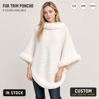 Poncho en tricot épais avec bordure en fourrure personnalisé avec logo pour femmes, chaud pour l'hiver, en stock, prêt à être expédié, vente en gros, OEM, directement de l'usine, 6 couleurs