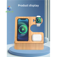 Nouveau chargeur de bureau sans fil 3-en-1 efficace 15W pour iPhone, Apple Watch et autres appareils avec fonction écouteurs, en bois naturel et bambou