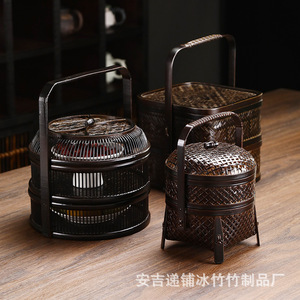 Handmade <b>Bamboo</b> Woven Storage Basket Round Lidded Tea Set Organizer Japanese Style Fruit <b>Container</b> Household Use - Product Image 3