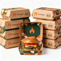 Boîte à hamburger en papier jetable, logo personnalisé imprimé, papier kraft de qualité alimentaire, boîte à burger, emballage à emporter pour la restauration rapide