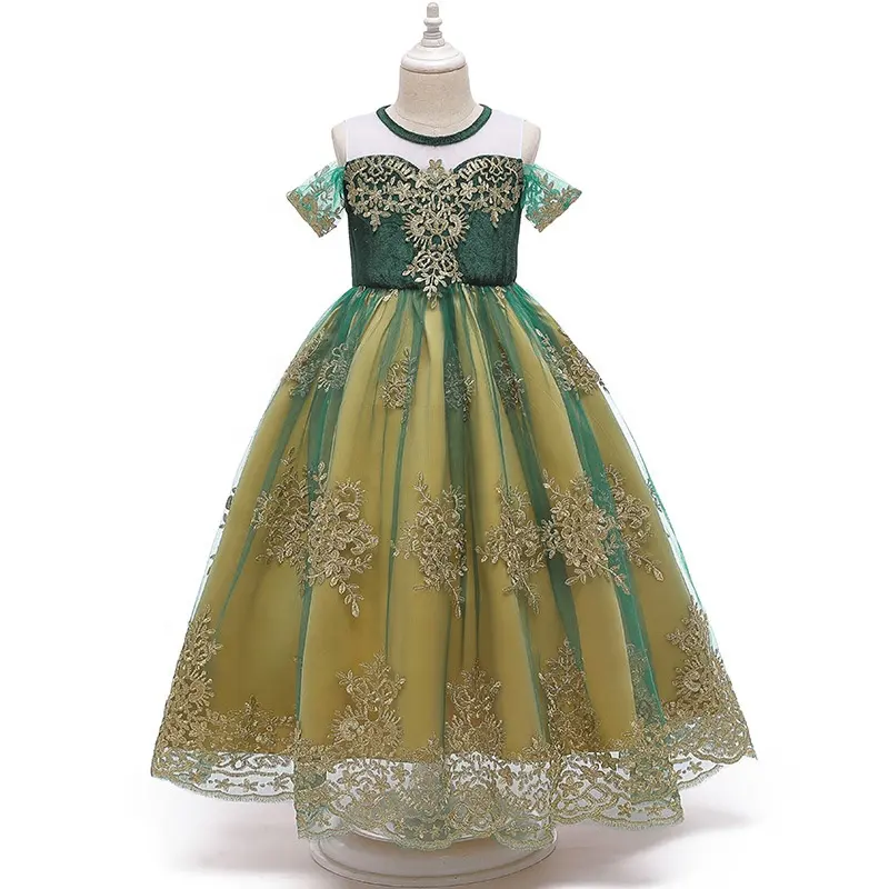 Christmas emerald green party dress gold thread embroidery girls's dress