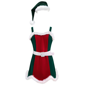 Vestido navideño verde sexy de terciopelo sin tirantes, corte en A, con sombrero y cinturón para fiestas y actuaciones en escenario - Product Image 5
