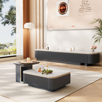 Ensemble Table Basse et Meuble TV Minimaliste Moderne en Bois, Pierre et Verre avec Rangement Mural, Écologique, Idéal pour Hôtels, Compatible Téléviseurs 65+ pouces, Installation Facile