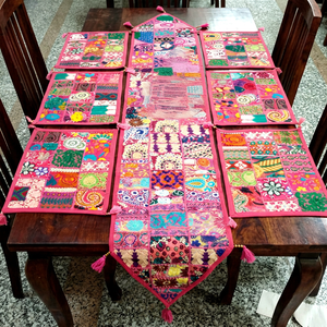 Handmade Embroidery Bohemian Floral 100% Cotton Eco-Friendly Anti-Slip <b>Table</b> <b>Runner</b> Set with 6 Mats for Home & <b>Wedding</b> Decor - Product Image 1