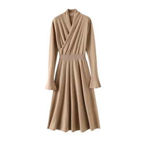 Elegante Vestido de Suéter de Cachemira para Mujer, Cuello en V, Manga Larga, Corte en A, Midi, Tejido de Punto, Color Sólido, Moda Otoñal - Product Image 2