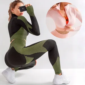 Logotipo personalizado de cintura alta esporte mulher ao ar livre fitness e sem costura conjuntos de roupas de yoga com zíper