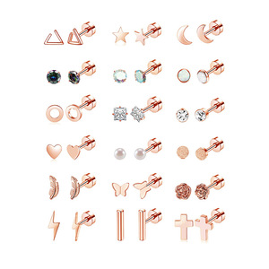 Lot <span class=keywords><strong>de</strong></span> 9/18 paires <span class=keywords><strong>de</strong></span> clous d'oreilles hypoallergéniques en acier inoxydable 316L à dos plat pour cartilage, calibre 20G, R.GEM. Bijoux - Product Image 5