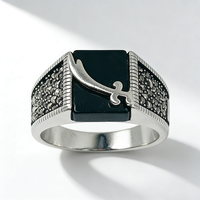 Kaanjewelry Bague d'index personnalisée pour homme en argent sterling 925 avec gravier d'agate noire incrusté, décoration métallique, large bande, style rétro, luxe léger