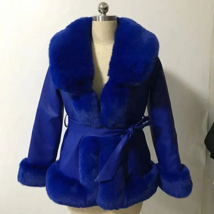 Lady's coat long sleeves faux fox fur coat faux rabbit fur inside