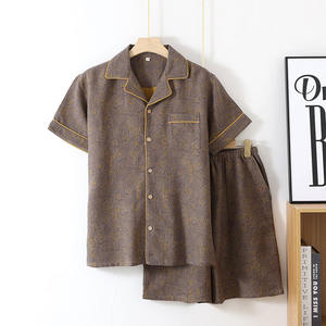 Pijamas de <span class=keywords><strong>hombre</strong></span> de algodón 100% directamente de fábrica, conjunto de <span class=keywords><strong>pijama</strong></span> informal de dos piezas, venta al por mayor, cuello de solapa, Top de manga corta, logotipo personalizado - Product Image 4