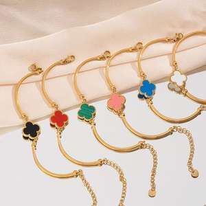 Women's Double-sided Four-leaf Clover Bracelet Stainless Steel Links Gold-color Plating <strong>Fashion</strong> <strong>Accessory</strong> Adjustable Opening - Product Image 1