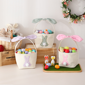 Sac à bonbons personnalisé rose bleu mignon seau à œufs paniers de pâques à carreaux avec garniture <span class=keywords><strong>pompon</strong></span> - Product Image 3