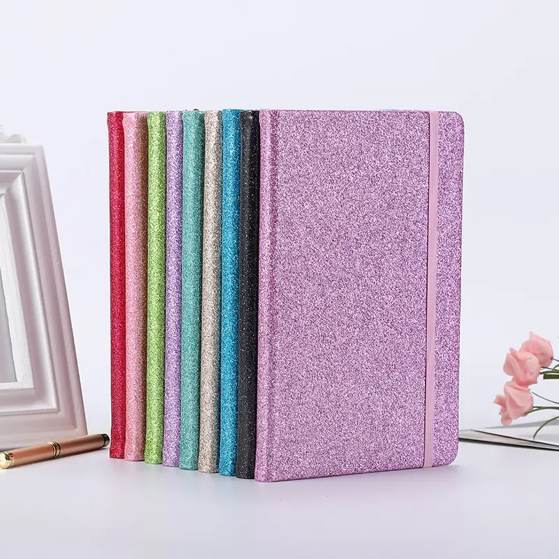 Novo Design Glitter PU Capa Notebook Hardcover Diário Diário Exercício Livro com ElasticBand