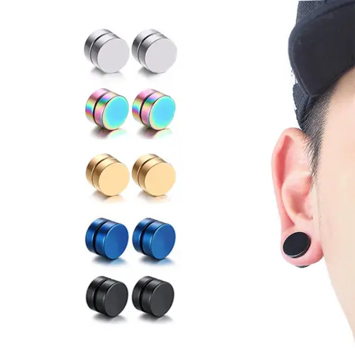 Black Punk Mens Health Care Ear Stud Non Piercing Earrings Stainless Steel Circle Trendy Magnetic Earrings