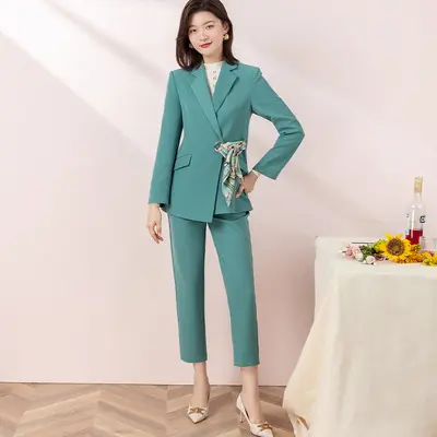 High Quality Fashion 2021 Fall Womens Casual Business Suits Green Long Sleeve Blazer Suit Set 2Pc for Ladies