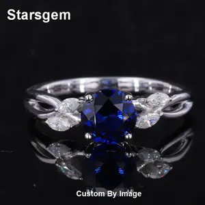 Starsgem маркиз Обрезной Муассанит с круглой формы кольцо с синим сапфиром с позолотой Золотое обручальное кольцо для женщин