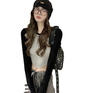 Camiseta Americana de Manga Larga Corta Irregular para Mujer, Top Básico Ajustado Estilo Hot Girl, Camiseta de Manga Larga Corta Irregular Ajustada - Product Image 4