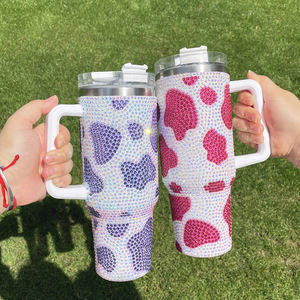 Gobelets bling 40oz imprimés vache avec strass complet Tasse isolée sous vide avec couvercle <span class=keywords><strong>à</strong></span> poignée et paille pour boire - Product Image 5