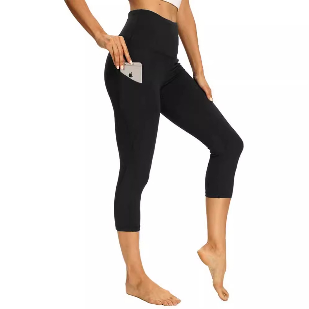 New European American High-Waisted High-Elasticity Solid Pocket Tummy Control Shapewear Yoga Women's Leggings Capri Pants Summer