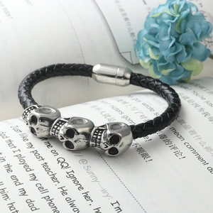 yunnique Titanium Steel Woven Leather <b>Bracelet</b> Black Skull Design Fashion Jewelry For <b>Men</b> And Women - Product Image 2