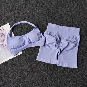 Completo da yoga da 2 pezzi per donna, abbigliamento fitness senza cuciture, reggiseno sportivo con lacci al collo, pantaloncini abbinati, set da allenamento, completo da palestra. - Product Image 4
