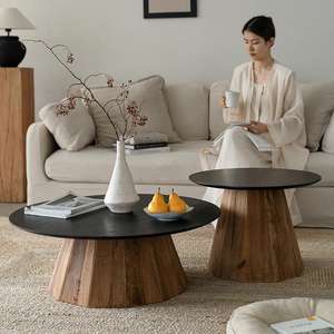 Table basse ronde en bois massif, style vintage, meubles de salon - Product Image 2